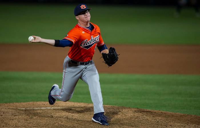 Auburn Tigers pitcher John Armstrong (41) pitches during the NCAA regional baseball tournament at Plainsman Park in Auburn, Ala., on Saturday, June 4, 2022. Auburn Tigers defeated Florida State Seminoles 21-7.